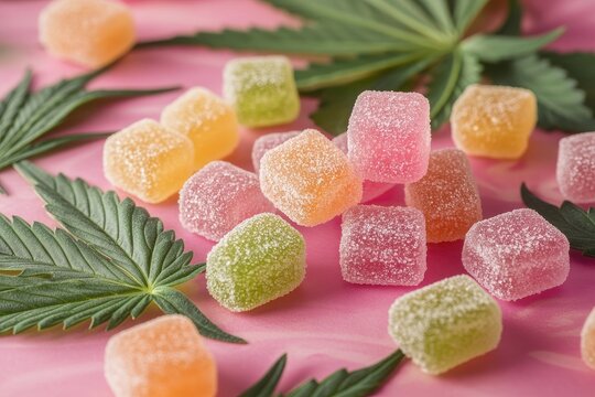 Colorful cannabis gummies on pink background. Image shows assorted CBD edibles near marijuana leaves.