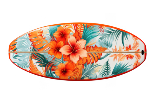 Surfboard Design Vibrant Tropical Hibiscus Flowers and Palm Leaves