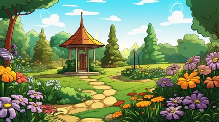 Obraz premium A whimsical garden scene features a charming gazebo and vibrant flowers
