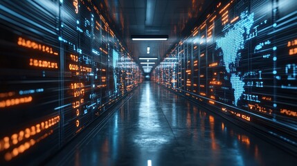 Obraz premium Futuristic data corridor with glowing elements.