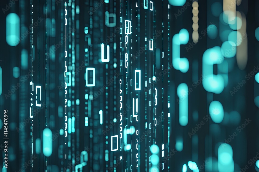 Poster abstract digital rain: teal binary code streaming down