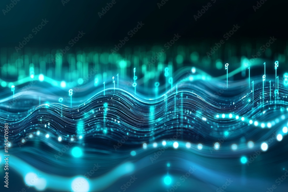 Poster abstract digital waveform visualization: teal data stream