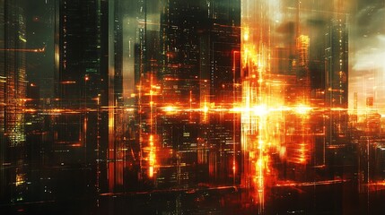 Obraz premium Futuristic cityscape at night with glowing orange lights and skyscrapers.