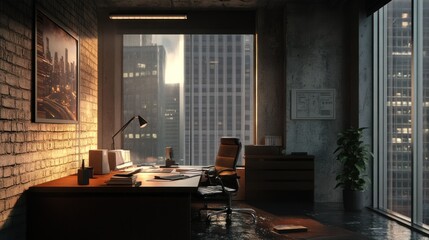 Urban Office Sunset View: A Modern Workspace with Cityscape Panorama