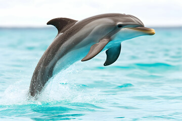Majestic Dolphin Leaping Above Clear Turquoise Waters in Bright Daylight, Capturing the Beauty of Marine Life and Ocean Serenity