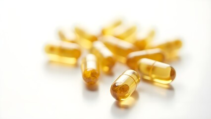 Capsules of omega-3 fish oil and vitamin supplements on a white background