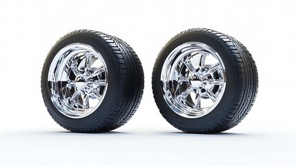 Two shiny car tires mockup wide shot photo on bright backdrop. AI Generated