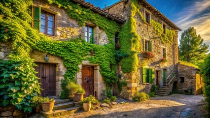 Fototapeta premium Rustic charm abounds: ancient grapevines cling to aged stone winery walls, a picturesque vineyard landscape.