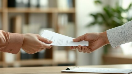 Handing Over Documents: Close-up shot of two hands exchanging important papers across a desk in a professional setting.  The image conveys trust, collaboration, and the transfer of information.
