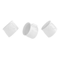 three white coffee mugs are shown on a white background.