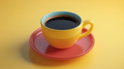 Vibrant Coffee Break: A cheerful yellow coffee cup with a teal rim sits on a coral saucer against a sunny yellow background. Perfect for adding a splash of color to your designs. 