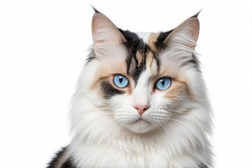 Fototapeta premium Close-up portrait of a calico cat with vibrant blue eyes against a white background.