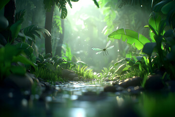 Fototapeta premium Enchanted Jungle Scene with Glowing Dragonfly and Sunlit Stream Surrounded by Lush Greenery and Ferns