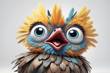 Cute cartoon bird with big eyes and open beak.