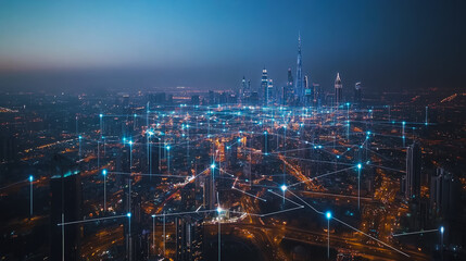 Smart digital city with connection cyber security network reciprocity over the cityscape . future smart wireless digital city and social media networking systems that connects people within the city