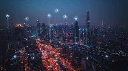 Obraz premium Smart digital city with connection cyber security network reciprocity over the cityscape . future smart wireless digital city and social media networking systems that connects people within the city