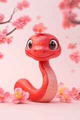 Fototapeta premium Snake and flower combination cartoon illustration background on red background
