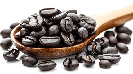 Obraz premium Dark roasted coffee beans fill wooden spoon close up photo mockup. AI Generated