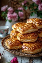 A beautifully arranged platter of traditional Armenian gata pastry. The pastry is golden brown, Generative AI 