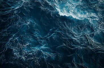 Aerial view of dark blue ocean waves with whitecaps.