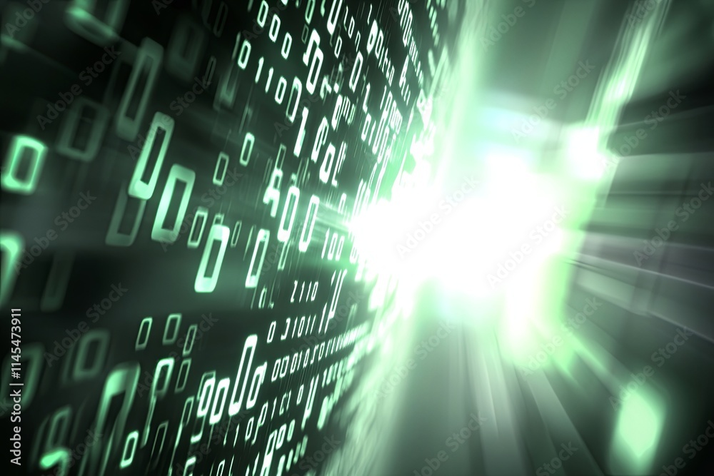 Poster abstract digital data stream: green binary code flowing towards light