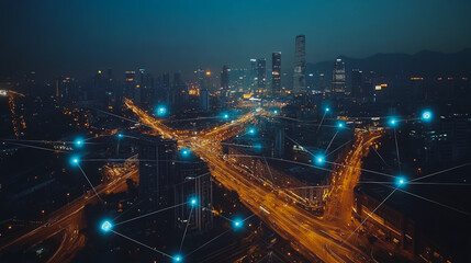 Fototapeta premium Smart digital city with connection cyber security network reciprocity over the cityscape . future smart wireless digital city and social media networking systems that connects people within the city