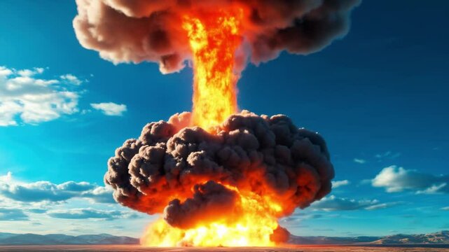 Dramatic explosion with fire, smoke, and massive cloud in sky
