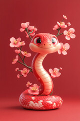 Fototapeta premium Snake and flower combination cartoon illustration background on red background