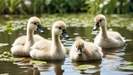 Fototapeta premium Three cygnets swim in a shallow, greenish pond surrounded by tall grasses.
