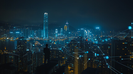 Obraz premium Smart digital city with connection cyber security network reciprocity over the cityscape . future smart wireless digital city and social media networking systems that connects people within the city