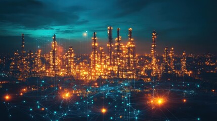 Industrial skyline with glowing lights and networks.