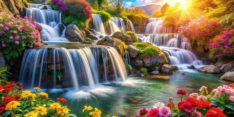 Serene waterfall cascades over vibrant blooms; a double exposure nature photograph.