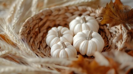 White Pumpkins Nestled In Autumn Basket