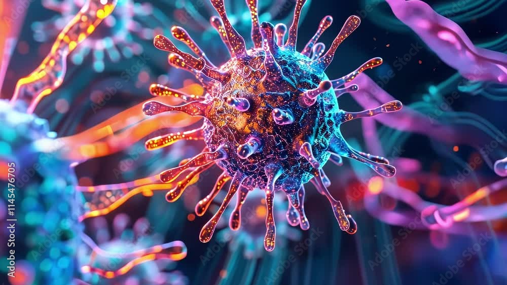 Poster microscopic view of a virus propagating, showing data analysis with big data and artificial intellig