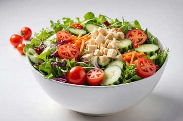 Fresh chicken salad with mixed greens, cherry tomatoes, cucumber, and carrots in a white bowl.