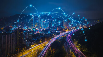 Fototapeta premium smart, digital, city, connection, network, innovation, reciprocity, cityscape, concept, Smart digital Innovation city with connection network reciprocity over the cityscape. of future smart wireless c