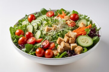 Fresh garden salad with cherry tomatoes, cucumbers, carrots, croutons, and mixed greens in a white bowl.