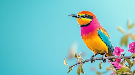 Fototapeta premium Colorful Rainbow Bird Perched on Branch Amidst Blossoms
