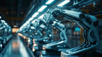 Fototapeta premium The Future of Production: A row of robotic arms in a futuristic factory, each working diligently and seamlessly. A powerful image of automation, efficiency.