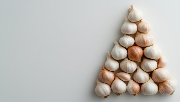 Pyramid of garlic cloves on white background