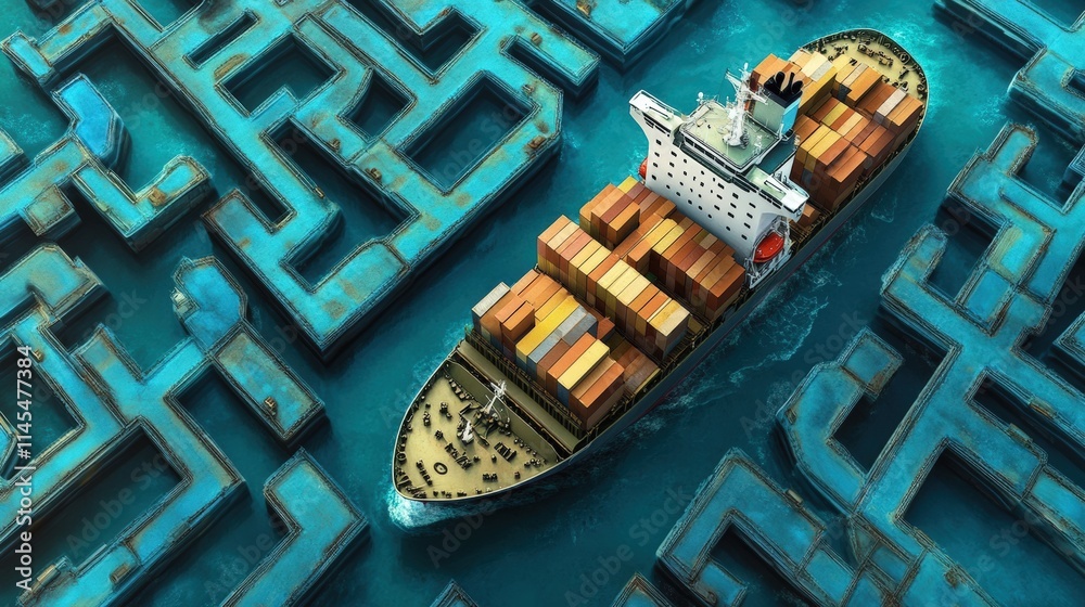 Poster aerial view of cargo ship navigating through intricate blue water maze with colorful shipping contai