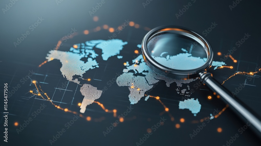 Poster Detailed Close-Up of a Magnifying Glass Over a Digital World Map Displaying Global Connections, Technology, and Data Visualization Concepts