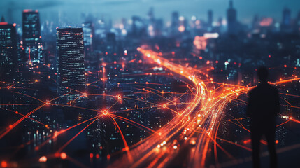 Obraz premium Smart digital Innovation city with connection network reciprocity over the cityscape. of future smart wireless city and social media networking systems that connects business people with in city