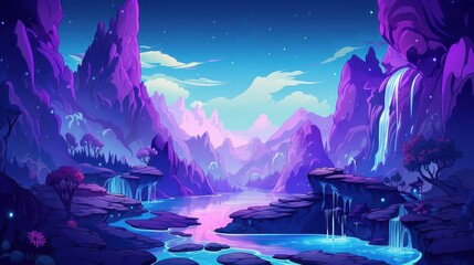 Ethereal Purple Mountains Enchanting Waterfall River Landscape