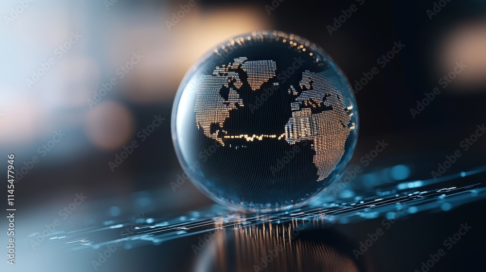 Aufkleber Abstract representation of a glass globe showcasing world map with digital data points illuminated, symbolizing technology and global connectivity in a modern environment