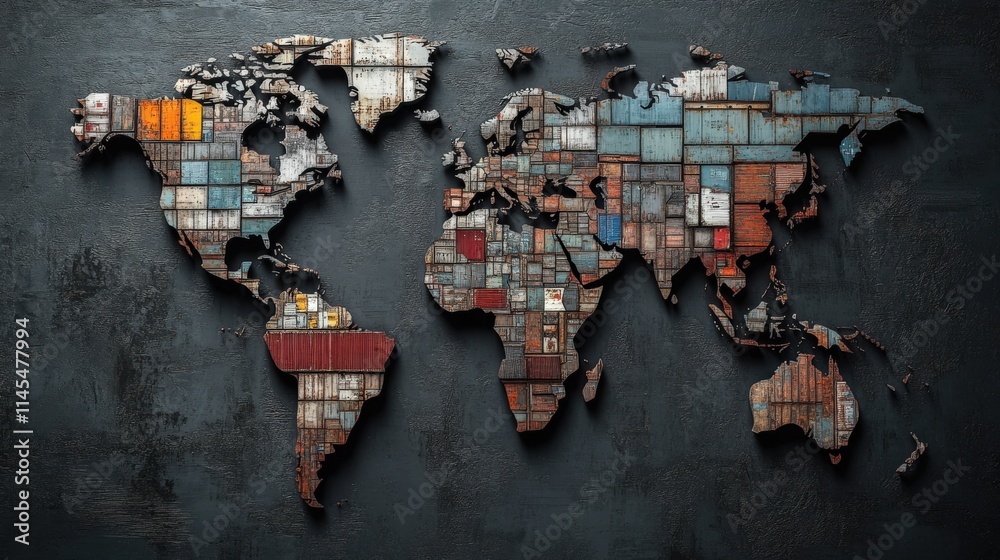 Aufkleber Abstract representation of a world map created from colorful shipping containers, emphasizing global trade, logistics, and connectivity in a modern artistic style