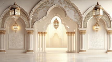 Obraz premium Elegant Islamic architecture with ornate arches and golden lanterns. Ideal for Ramadan, Eid, or cultural projects needing a regal, serene setting.