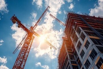 Low angle view of construction cranes and a building under construction against a bright sunny sky.