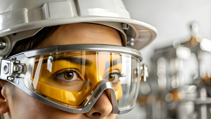 Macro shot of industrial workers eye wearing protective goggles with reflections concept as Close up of industrial workers eye behind protective goggles reflecting factory machinery symbolizing safety