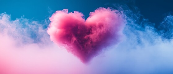 A heart-shaped cloud of pink smoke, isolated on a gradient blue-to-purple background, ideal for creative advertising with ample text space
